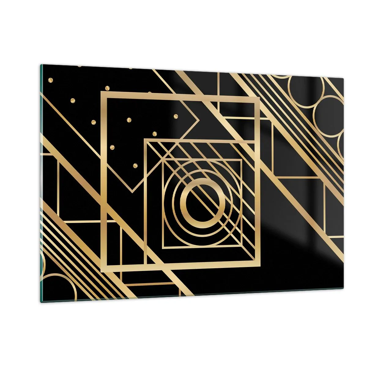 Quadro su vetro - Motivi geometrici dorati su sfondo nero - 120x80cm - Geometria dorata - Decorazione murale moderna per soggiorno e camera da letto ARTTOR