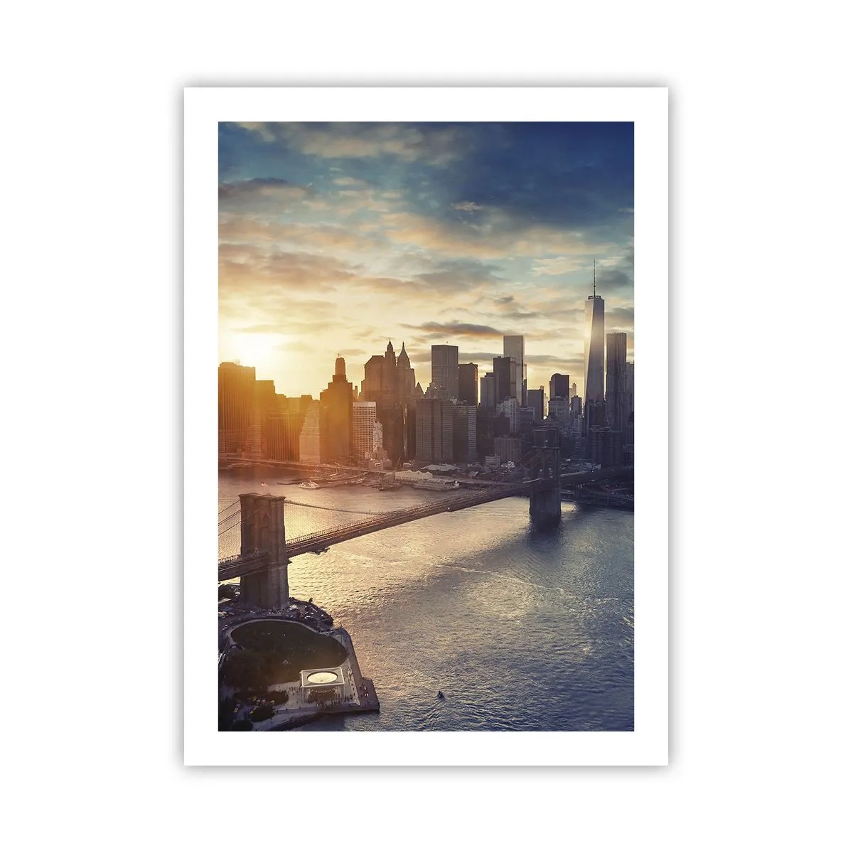 Poster - Vista di Manhattan al tramonto con il ponte di Brooklyn - 50x70cm - Il monumento alla cultura dell'occidente - Decorazione murale moderna per soggiorno e camera da letto ARTTOR