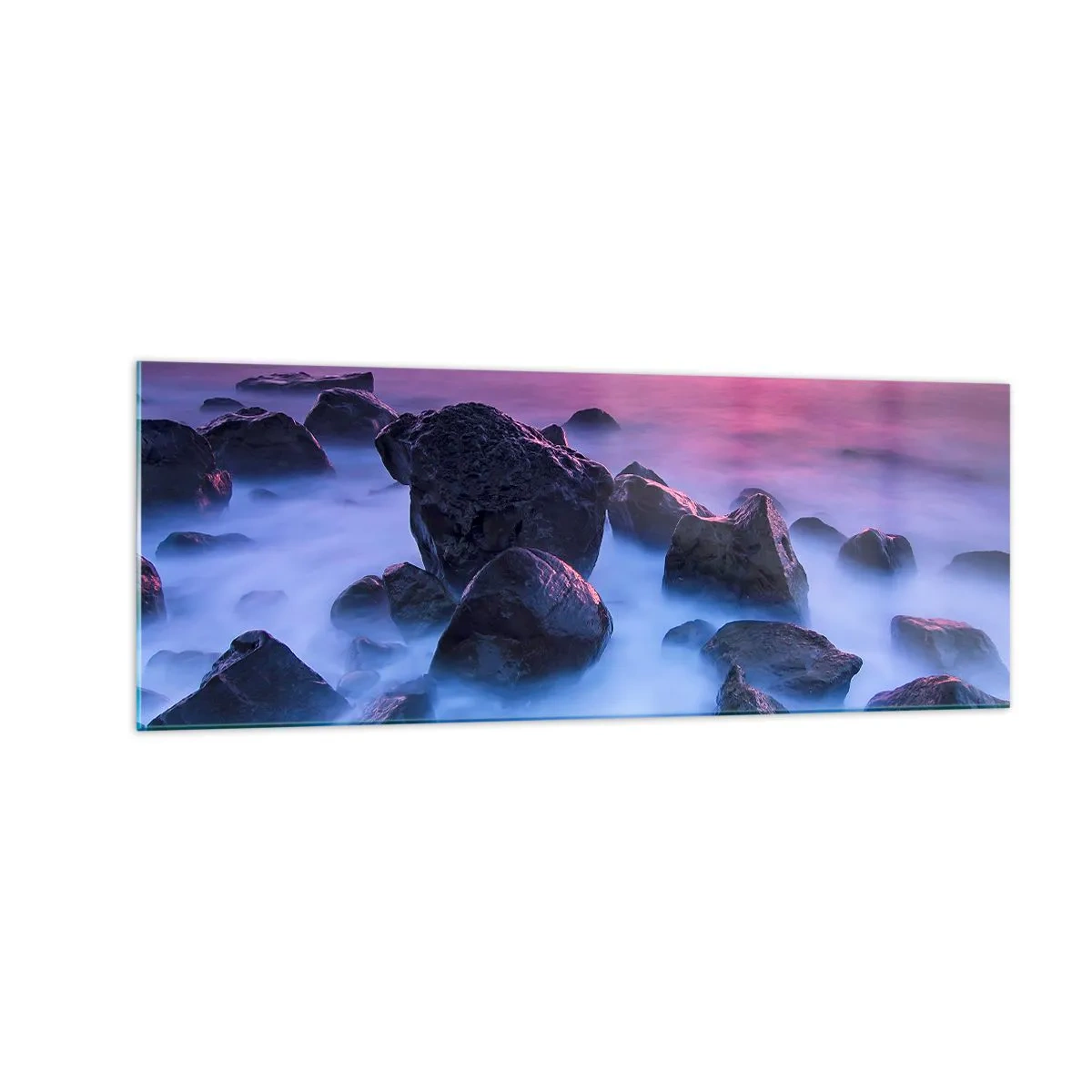 Quadro su vetro - Costa rocciosa al tramonto - 140x50cm - Nascita nella luce e nella nebbia - Decorazione murale moderna per soggiorno e camera da letto ARTTOR