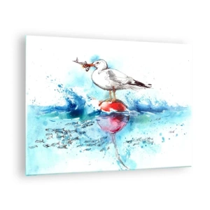 Quadro su vetro - Un gabbiano su una boa con un pesce sullo sfondo delle onde del mare - 70x50cm - Buona pesca - Decorazione murale moderna per soggiorno e camera da letto ARTTOR