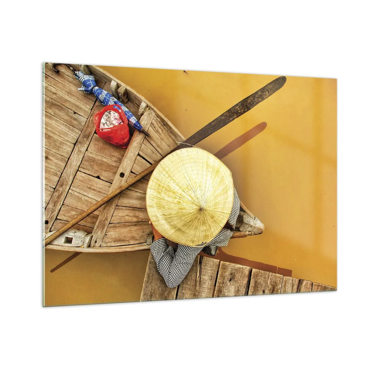 Quadro su vetro - Vista dall'alto di una barca e di una persona che indossa un cappello conico - 100x70cm - Vita sul Fiume Giallo - Decorazione murale moderna per soggiorno e camera da letto ARTTOR