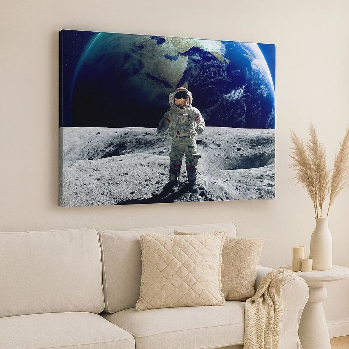 Quadro su tela - Stampe su Tela - Astronauta sulla superficie della Luna con la Terra sullo sfondo - 70x50cm - Saluti dalla luna - Decorazione murale moderna per soggiorno e camera da letto ARTTOR