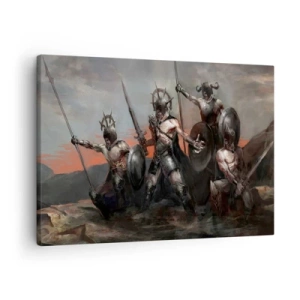 Quadro su tela - Stampe su Tela - Un gruppo di guerrieri in armatura con lance sullo sfondo del tramonto - 70x50cm - Con lo scudo o sullo scudo - Decorazione murale moderna per soggiorno e camera da letto ARTTOR