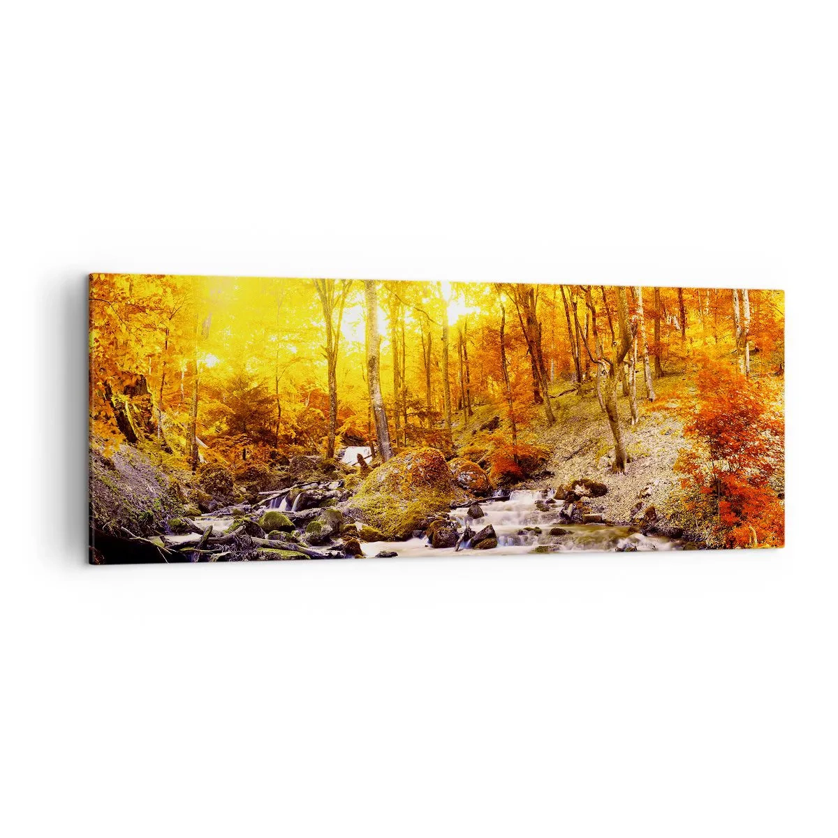 Quadro su tela - Stampe su Tela - Foresta autunnale con ruscello tra foglie dorate - 140x50cm - Pietre incorniciate in oro e platino - Decorazione murale moderna per soggiorno e camera da letto ARTTOR