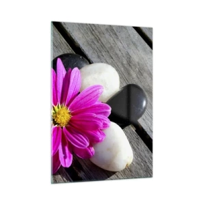 Quadro su vetro - Fiore rosa con pietre su uno sfondo di legno - 50x70cm - Riposo sul molo - Decorazione murale moderna per soggiorno e camera da letto ARTTOR