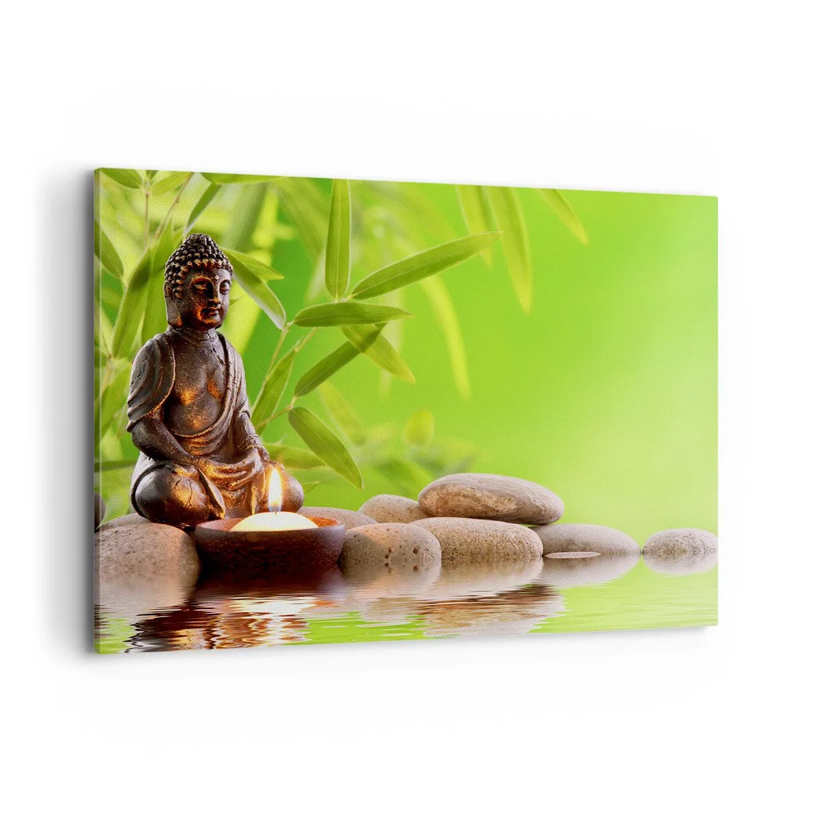 Quadro su tela - Stampe su Tela - Figura di Buddha con pietre e una candela su uno sfondo di bambù - 120x80cm - La vita è bella - Decorazione murale moderna per soggiorno e camera da letto ARTTOR