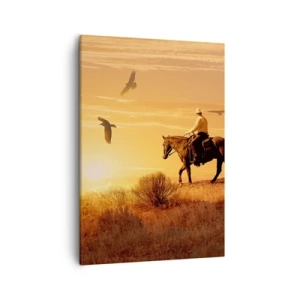 Quadro su tela - Stampe su Tela - Un cavaliere a cavallo al tramonto sullo sfondo della prateria - 50x70cm - Da solo nella prateria - Decorazione murale moderna per soggiorno e camera da letto ARTTOR