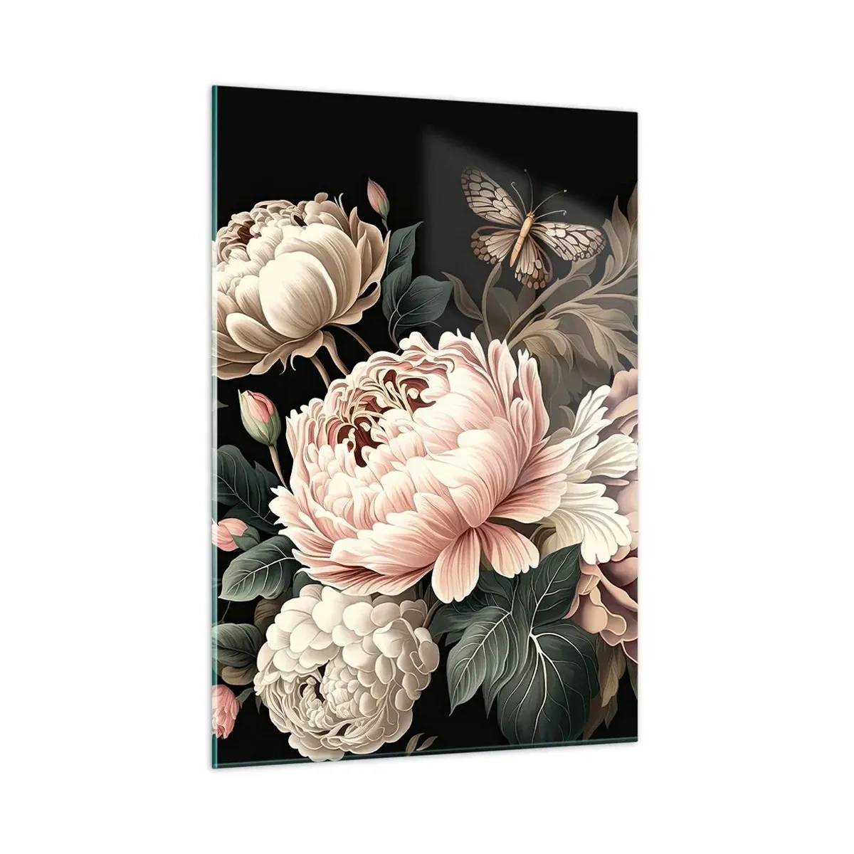 Quadro su vetro - Composizione floreale con farfalle su sfondo nero - 50x70cm - In stile barocco - Decorazione murale moderna per soggiorno e camera da letto ARTTOR
