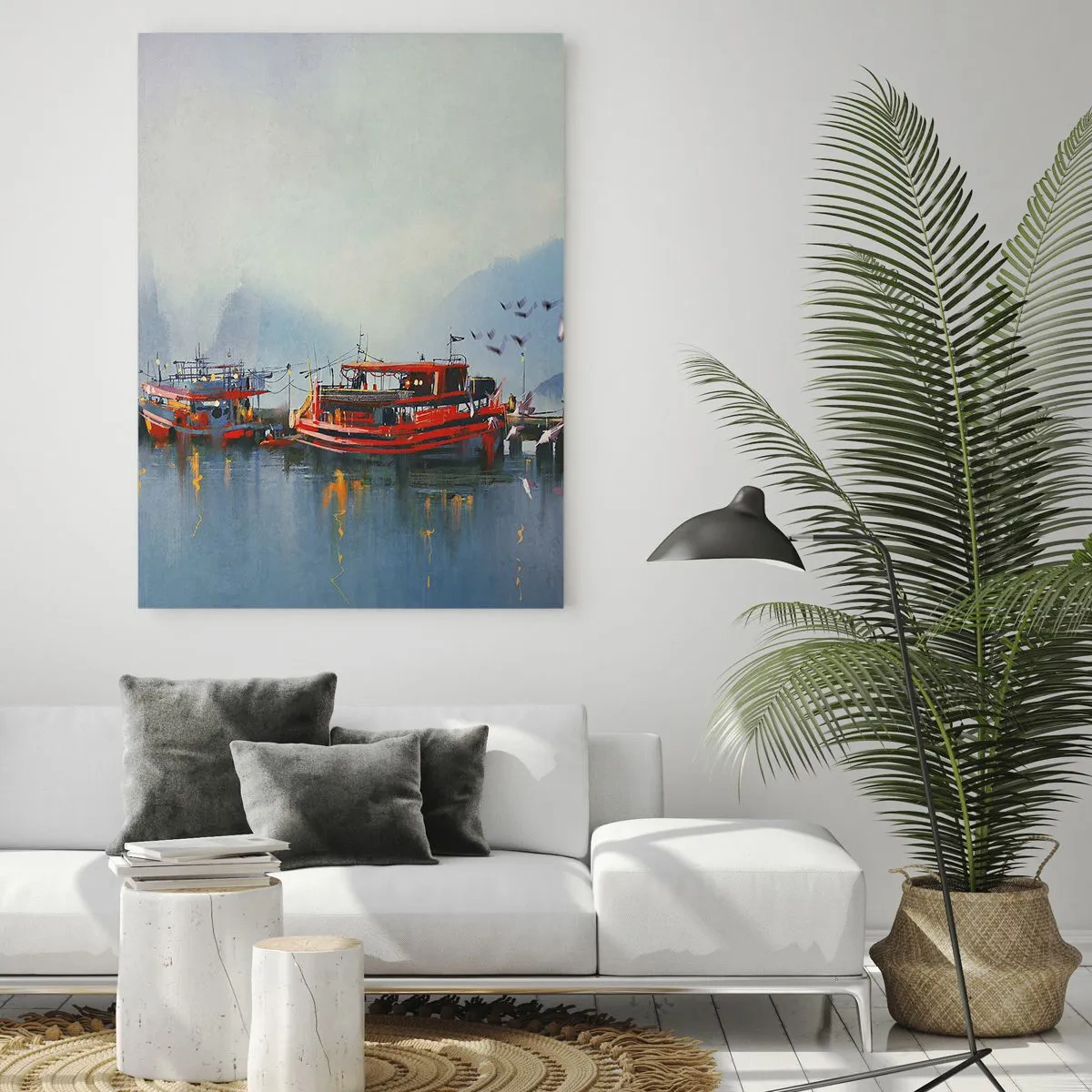 Quadro su vetro - Un porto con barche rosse circondato da un paesaggio nebbioso - 70x100cm - Alla fine del mondo - Decorazione murale moderna per soggiorno e camera da letto ARTTOR