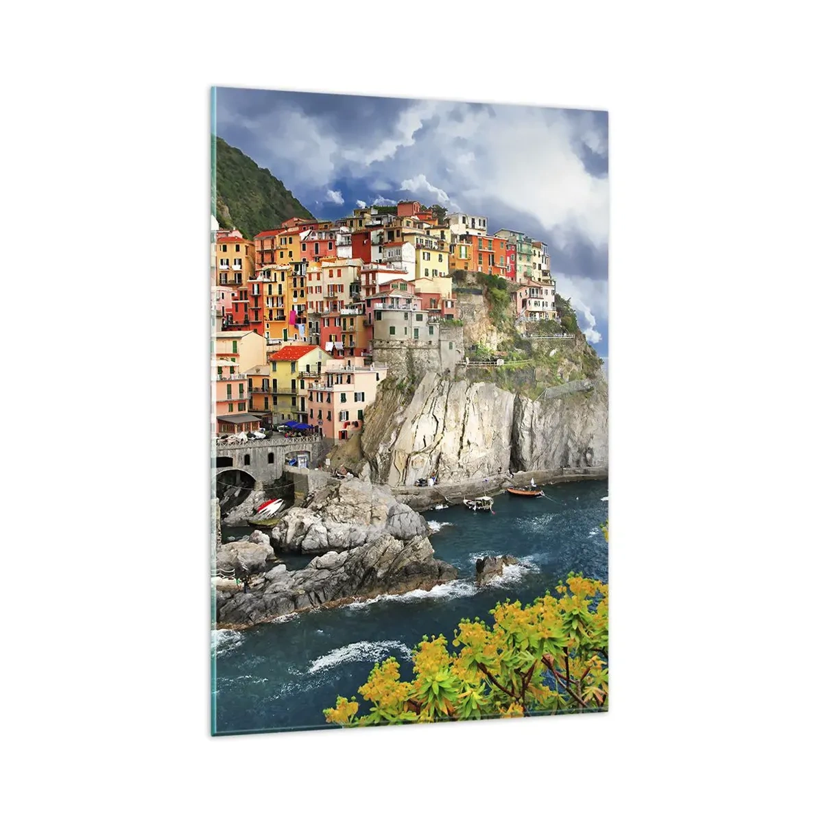Quadro su vetro - Case colorate su una scogliera a picco sul mare nelle Cinque Terre - 80x120cm - Aggrappate alla roccia - Decorazione murale moderna per soggiorno e camera da letto ARTTOR