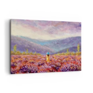 Quadro su tela - Stampe su Tela - Una donna con un cappello cammina in un campo di lavanda. - 100x70cm - Nel mondo di lavanda - Decorazione murale moderna per soggiorno e camera da letto ARTTOR