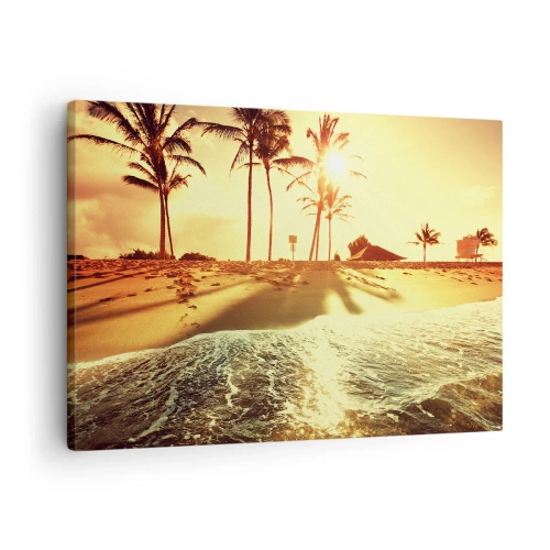 Quadro su tela - Stampe su Tela - Una spiaggia con palme illuminata da un caldo tramonto - 70x50cm - Pomeriggio in California - Decorazione murale moderna per soggiorno e camera da letto ARTTOR