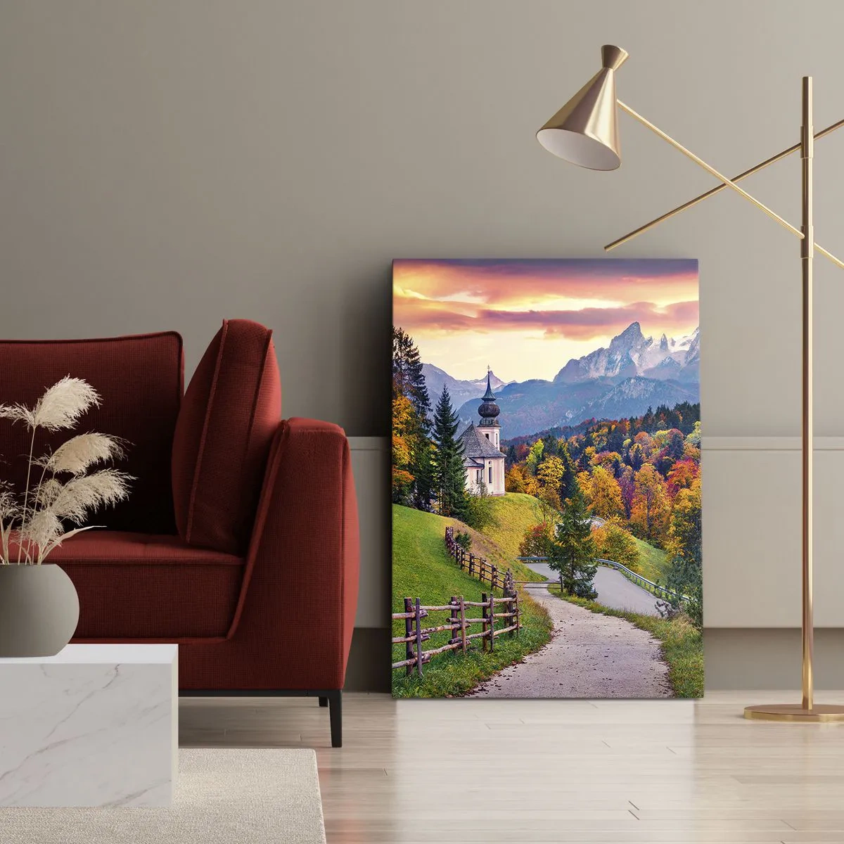 Quadro su tela - Stampe su Tela - Paesaggio montano autunnale con cappella e tramonto - 80x120cm - Un paesaggio come dipinto - Decorazione murale moderna per soggiorno e camera da letto ARTTOR