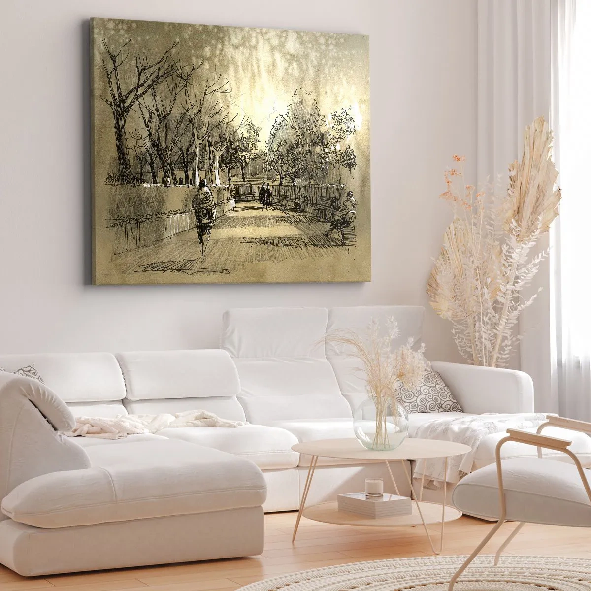 Quadro su tela - Stampe su Tela - Una scena di cartone animato di un parco con persone che camminano in toni caldi. - 70x50cm - Attimo fermato con la penna - Decorazione murale moderna per soggiorno e camera da letto ARTTOR