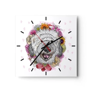 Orologio da parete - Orologio in Vetro - Un cane circondato da fiori colorati - 30x30cm - Gioia di cucciolo - Decorazione murale moderna per soggiorno e camera da letto ARTTOR