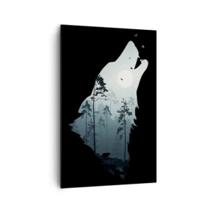 Quadro su tela - Stampe su Tela - Silhouette di un lupo con una foresta e la luna sullo sfondo - 80x120cm - Voce di una notte boschiva - Decorazione murale moderna per soggiorno e camera da letto ARTTOR