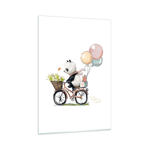Quadro su vetro - Panda in bicicletta con palloncini e fiori - 80x120cm - Giorno felice - Decorazione murale moderna per soggiorno e camera da letto ARTTOR
