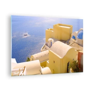 Quadro su vetro - Vista di Santorini con mare blu ed edifici bianchi - 70x50cm - Paesaggio greco in bianco e blu - Decorazione murale moderna per soggiorno e camera da letto ARTTOR