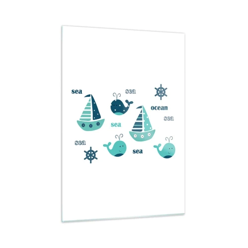 Quadro su vetro - Tema nautico con barche a vela e balene - 50x70cm - Attraverso i mari e gli oceani - Decorazione murale moderna per soggiorno e camera da letto ARTTOR