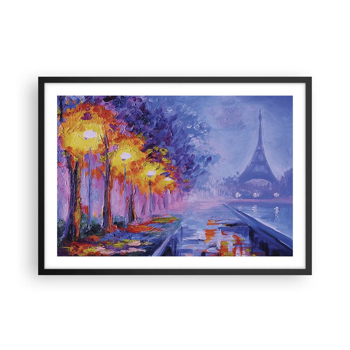 Poster in cornice nera - Un viale con lampioni a Parigi con la Torre Eiffel sullo sfondo - 70x50cm - Passeggiata da sogno - Decorazione murale moderna per soggiorno e camera da letto ARTTOR
