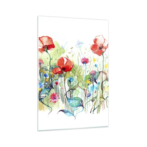 Quadro su vetro - Un prato con papaveri rossi e fiori colorati in acquerello - 70x100cm - Il prato fiorito a maggio - Decorazione murale moderna per soggiorno e camera da letto ARTTOR