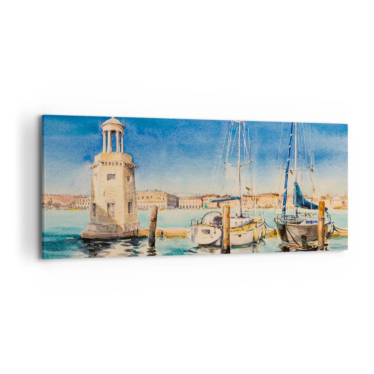Quadro su tela - Stampe su Tela - Marina con barche sullo sfondo di una laguna blu - 120x50cm - La laguna assolata - Decorazione murale moderna per soggiorno e camera da letto ARTTOR