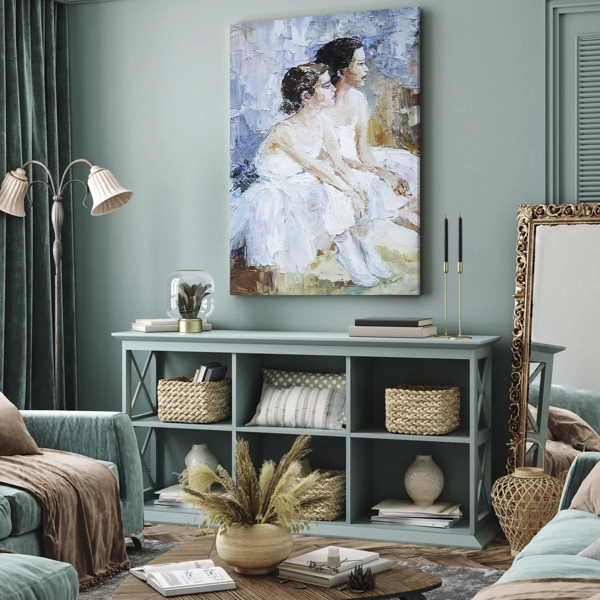 Quadro su tela - Stampe su Tela - Due ballerine in abiti bianchi si rilassano su uno sfondo pastello. - 80x120cm - Il riposo dei giovani cigni - Decorazione murale moderna per soggiorno e camera da letto ARTTOR