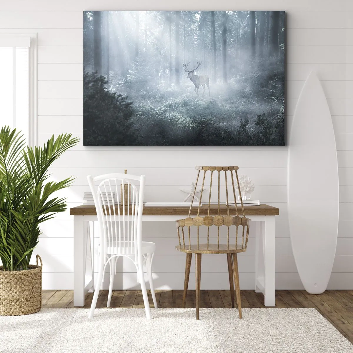 Quadro su tela - Stampe su Tela - Un cervo in una fitta foresta avvolto nella nebbia mattutina - 120x80cm - Passeggiata mattutina sulle sue terre - Decorazione murale moderna per soggiorno e camera da letto ARTTOR
