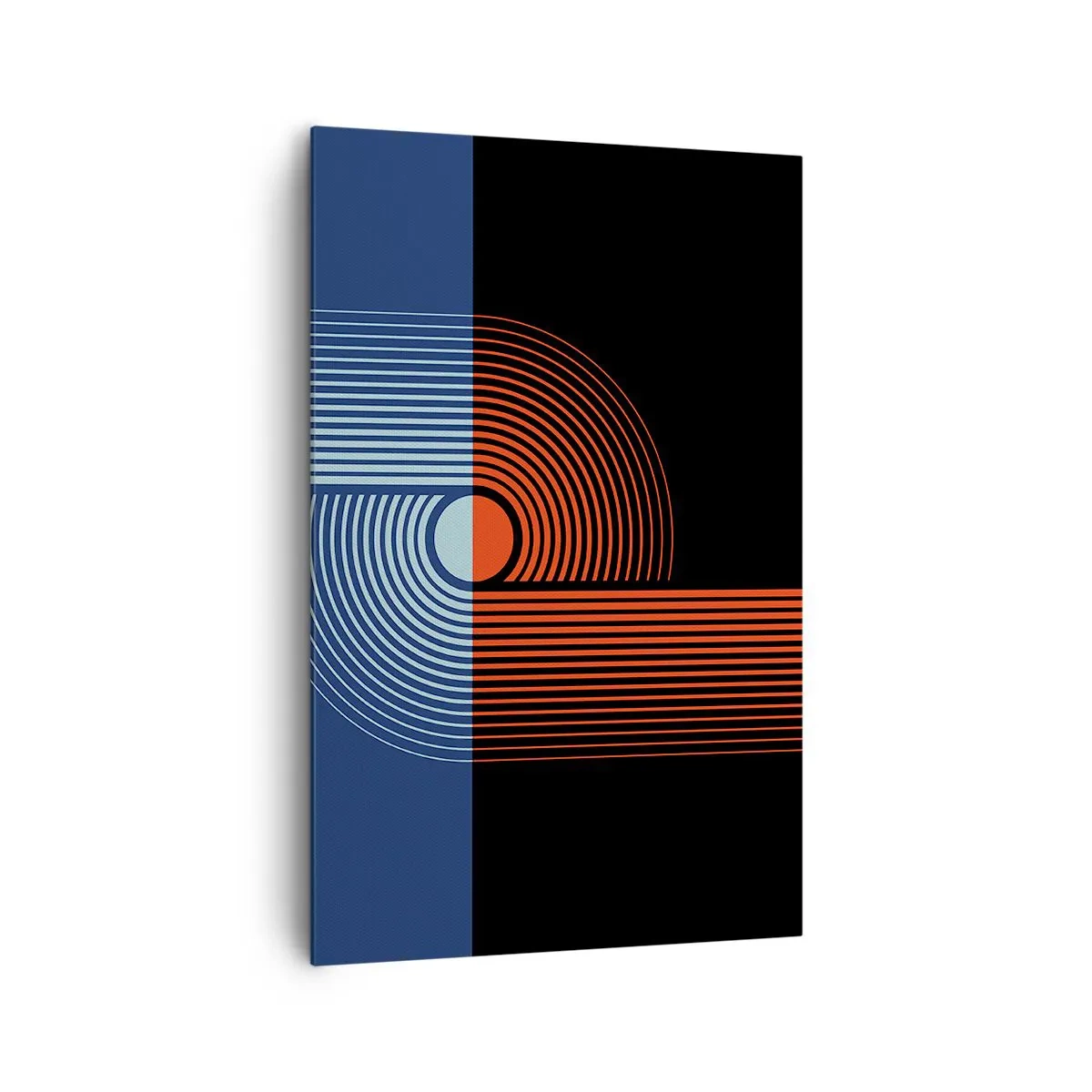 Quadro su tela - Stampe su Tela - Astrazione geometrica con linee blu navy e arancione. - 80x120cm - Nell'abbraccio geometrico - Decorazione murale moderna per soggiorno e camera da letto ARTTOR