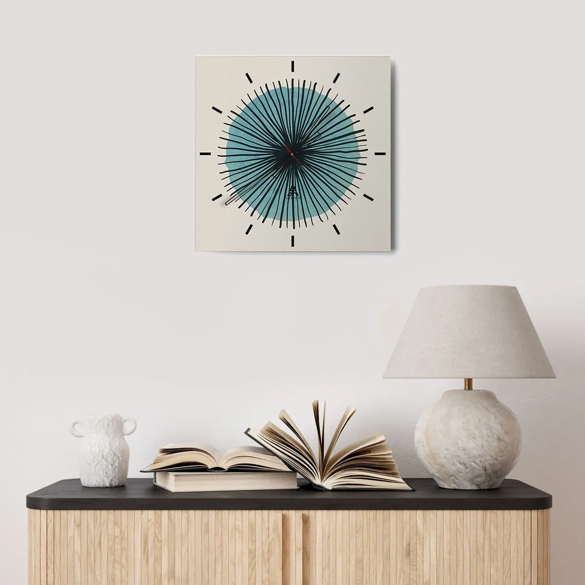 Orologio da parete - Orologio in Vetro - Forma circolare astratta con raggi blu - 30x30cm - Radiosamente nel blu - Decorazione murale moderna per soggiorno e camera da letto ARTTOR