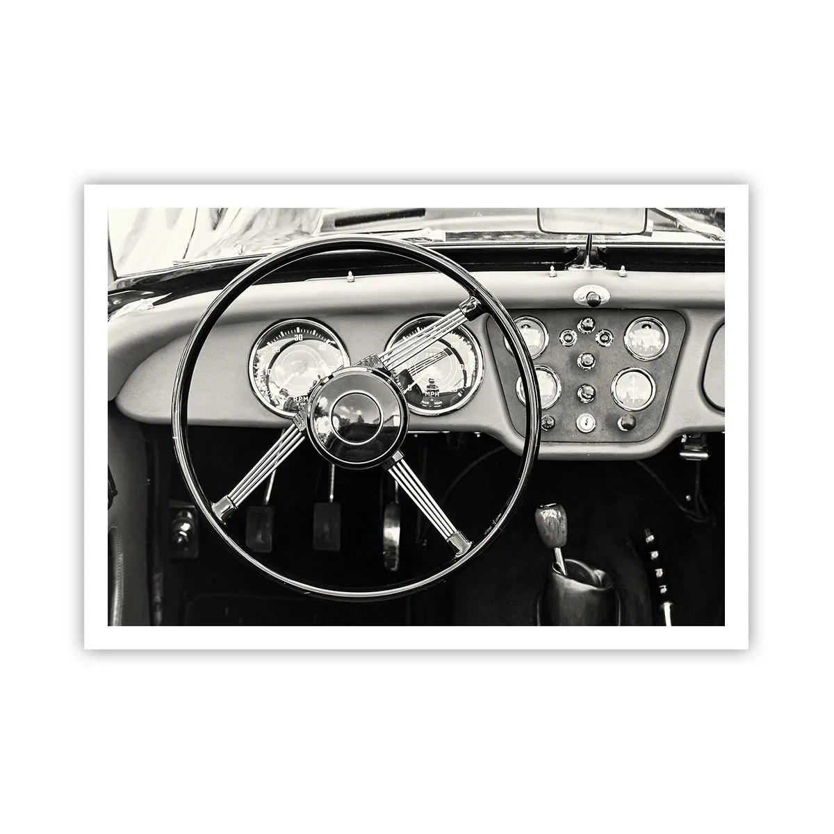 Poster - Interni di auto d'epoca in bianco e nero - 100x70cm - Il sogno del collezionista - Decorazione murale moderna per soggiorno e camera da letto ARTTOR