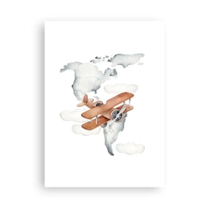 Poster - Un biplano sopra una mappa del mondo tra le nuvole - 50x70cm - Nello spirito dei pionieri - Decorazione murale moderna per soggiorno e camera da letto ARTTOR