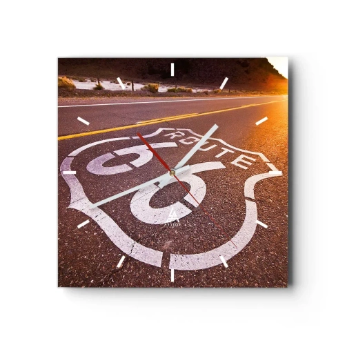 Orologio da parete - Orologio in Vetro - Route 66 al tramonto - 30x30cm - La mitica Route 66 - Decorazione murale moderna per soggiorno e camera da letto ARTTOR