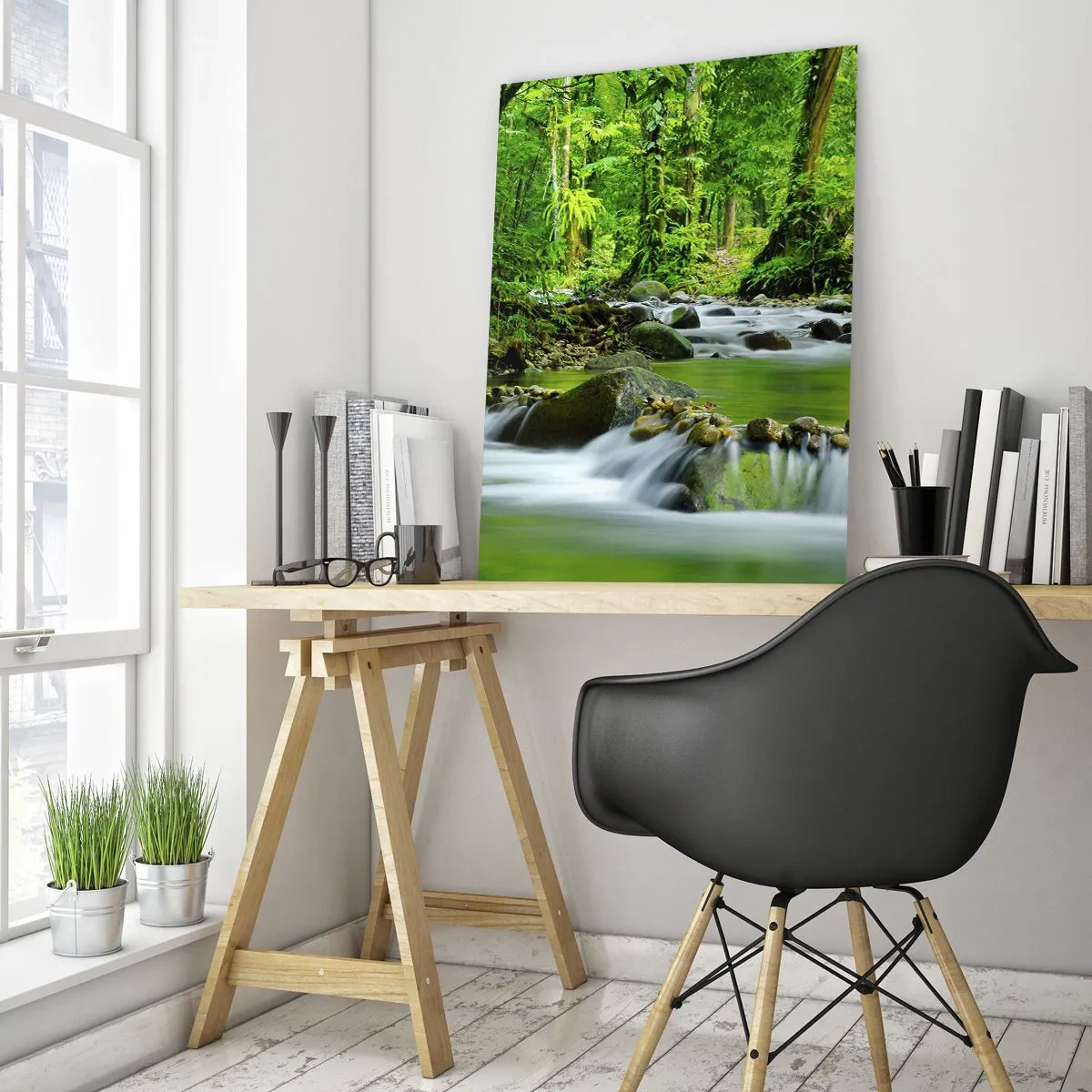 Quadro su vetro - Un ruscello nella foresta circondato da una vegetazione lussureggiante - 50x70cm - Fluttuando in un mare di verde - Decorazione murale moderna per soggiorno e camera da letto ARTTOR