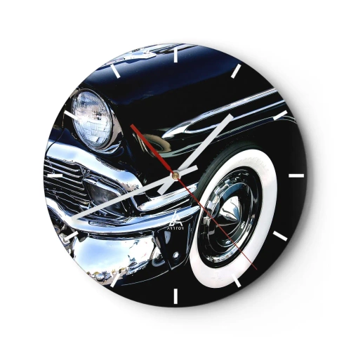 Orologio da parete - Orologio in Vetro - Un'auto retrò nera lucida con uno stile classico - 30x30cm - Classicità in argento, nero e bianco - Decorazione murale moderna per soggiorno, cucina e camera da letto ARTTOR