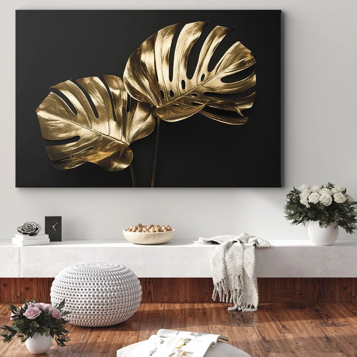 Quadro su tela - Stampe su Tela - Foglie di monstera dorate su sfondo nero - 120x80cm - I tesori della natura - Decorazione murale moderna per soggiorno e camera da letto ARTTOR