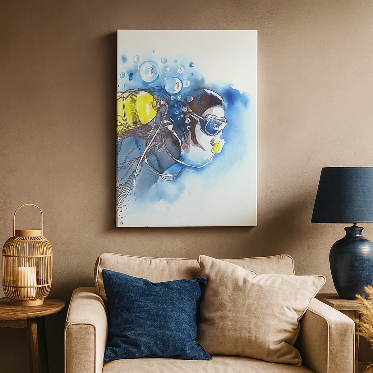 Quadro su tela - Stampe su Tela - Scena subacquea con un subacqueo e pesci esotici - 50x70cm - Il grande blu - Decorazione murale moderna per soggiorno e camera da letto ARTTOR