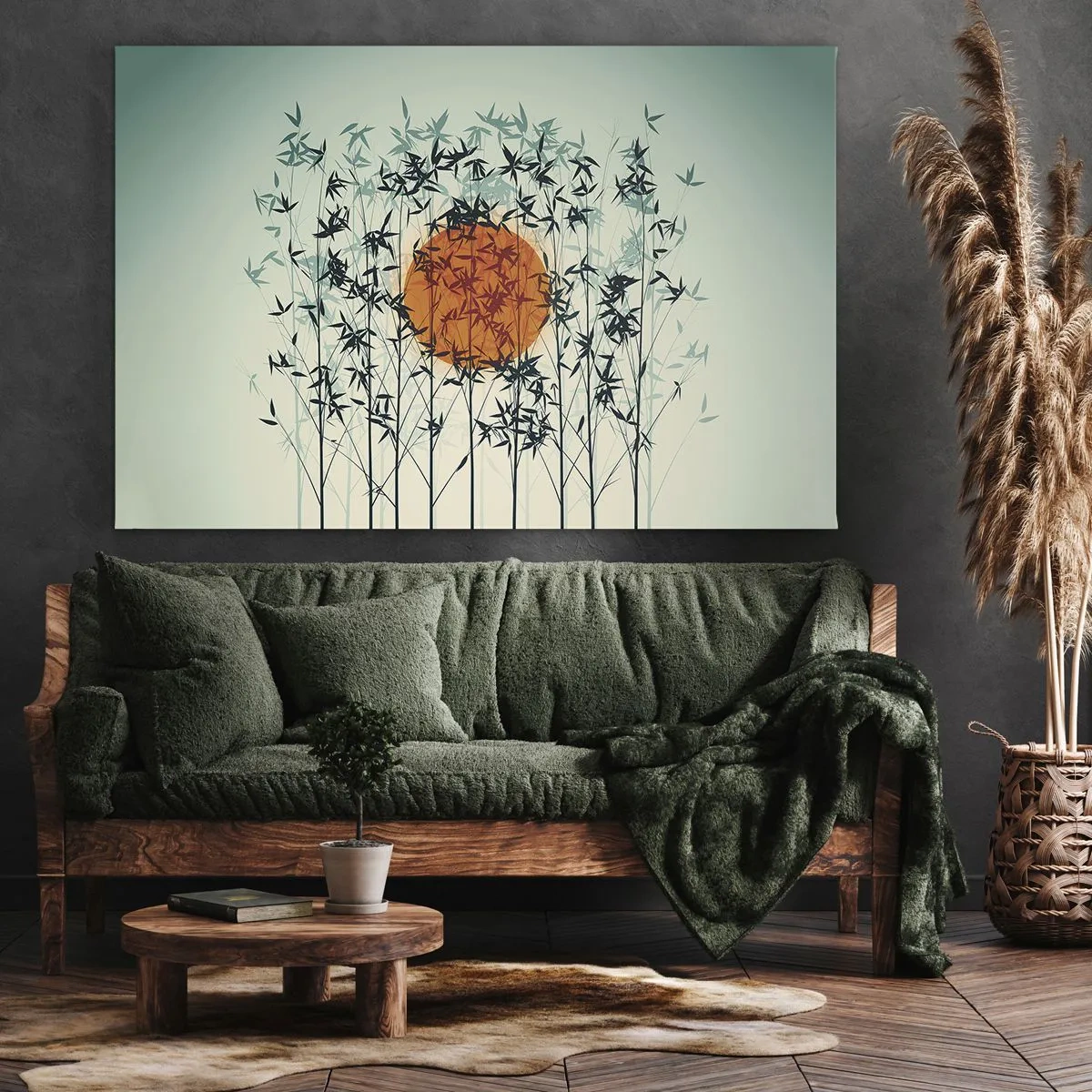 Quadro su tela - Stampe su Tela - Sole arancione tra i rami di bambù - 100x70cm - Sole giapponese - Decorazione murale moderna per soggiorno e camera da letto ARTTOR