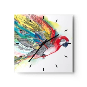 Orologio da parete - Orologio in Vetro - Un pappagallo colorato in volo con motivi astratti sulle ali. - 30x30cm - Vivi a colori - Decorazione murale moderna per soggiorno e camera da letto ARTTOR