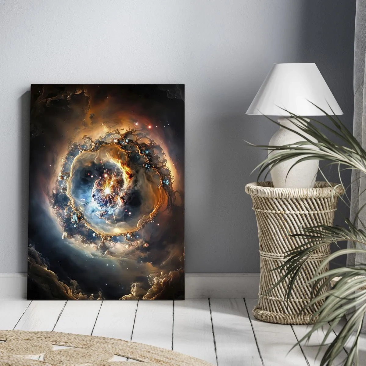 Quadro su tela - Stampe su Tela - Una visione astratta di un'esplosione cosmica nei toni dell'oro e del blu. - 50x70cm - L'inizio - Decorazione murale moderna per soggiorno e camera da letto ARTTOR