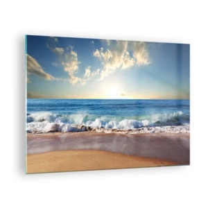 Quadro su vetro - Onde dell'oceano che si infrangono su una spiaggia dorata all'alba - 70x50cm - Insieme movimento e immobilità - Decorazione murale moderna per soggiorno e camera da letto ARTTOR