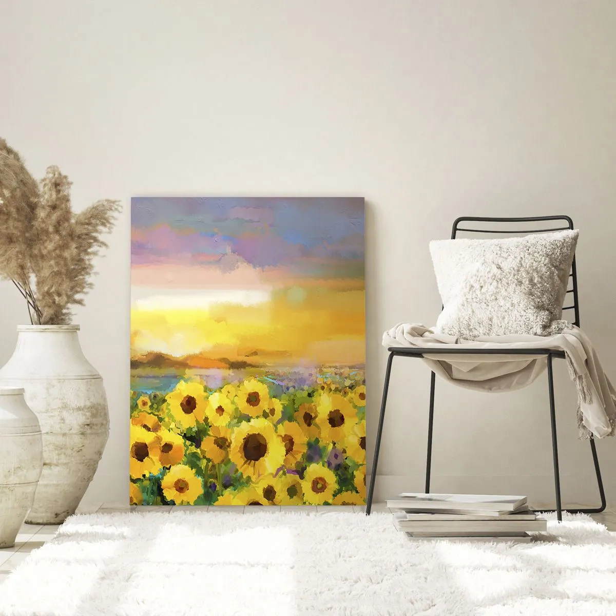 Quadro su vetro - Un campo di girasoli alla luce del sole al tramonto - 70x100cm - Il sole è sceso sulla terra - Decorazione murale moderna per soggiorno e camera da letto ARTTOR