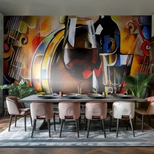 Fotomurali Premium Sand - Composizione astratta con vino e strumenti - 100x70cm - E il mondo riprende colore - Decorazione murale moderna per soggiorno e camera da letto ARTTOR