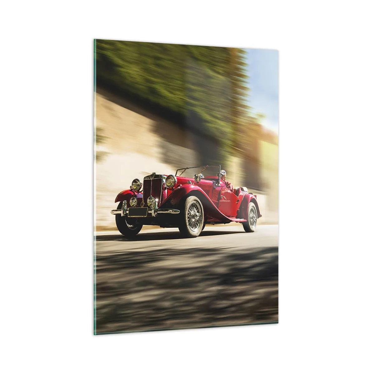 Quadro su vetro - Classica decappottabile rossa in movimento sullo sfondo della strada e del paesaggio sfocato - 50x70cm - Più bella della Nike di Samotracia - Decorazione murale moderna per soggiorno e camera da letto ARTTOR