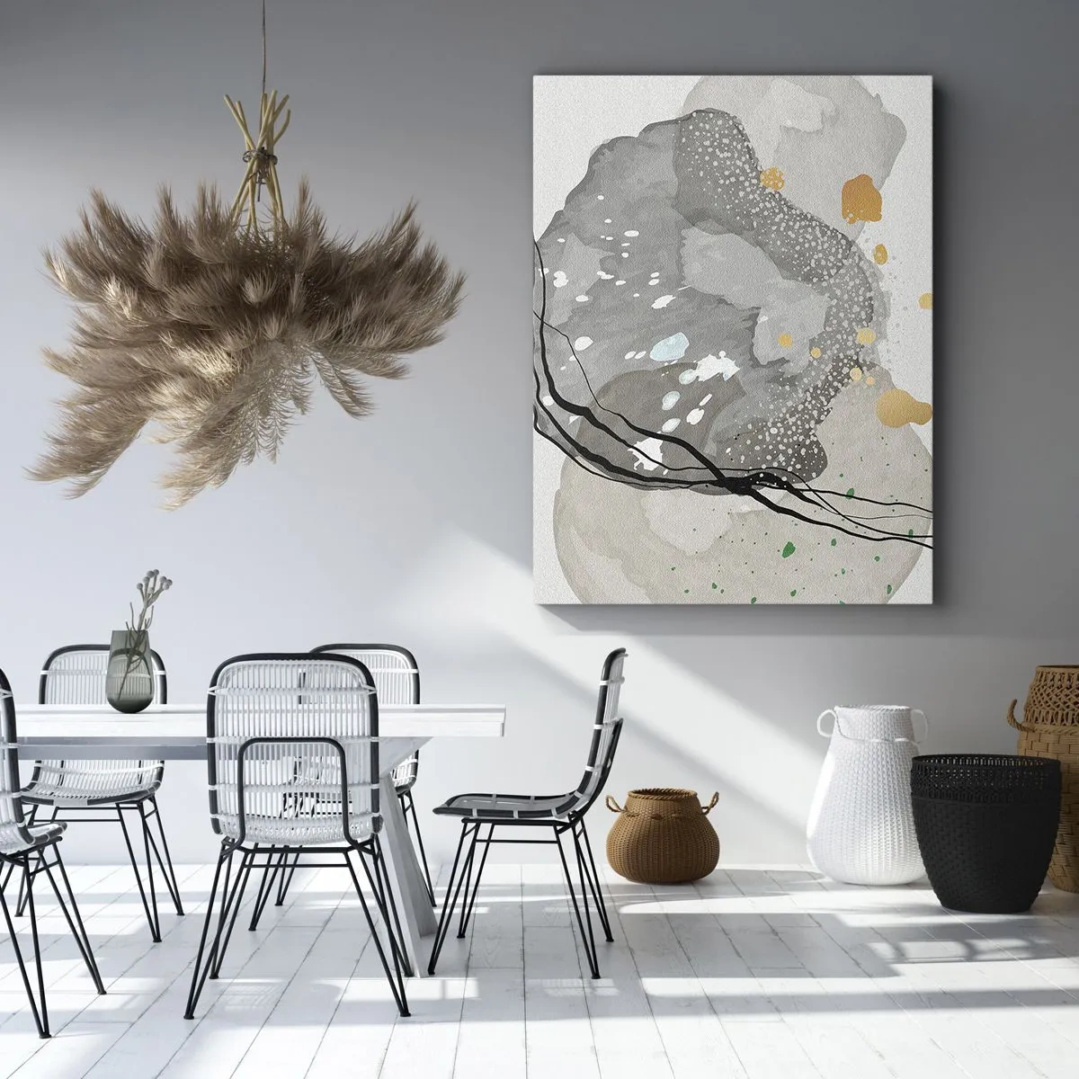 Quadro su tela - Stampe su Tela - Forme organiche in tonalità di grigio con accenti di nero e oro - 80x120cm - Composizione organica - Decorazione murale moderna per soggiorno e camera da letto ARTTOR