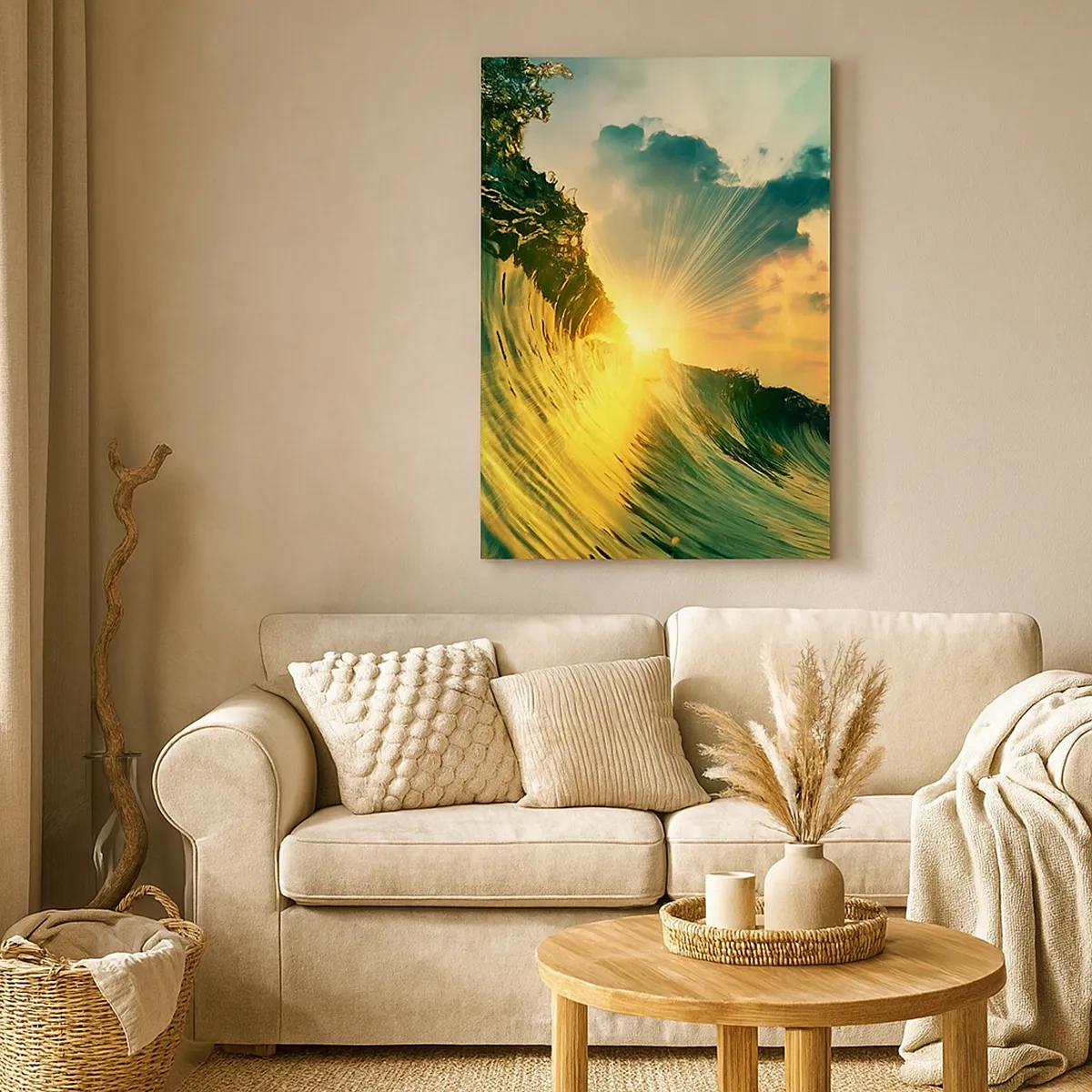 Quadro su tela - Stampe su Tela - Un'onda con il sole al tramonto e le nuvole illuminate - 50x70cm - Surfista, dove sei? - Decorazione murale moderna per soggiorno e camera da letto ARTTOR