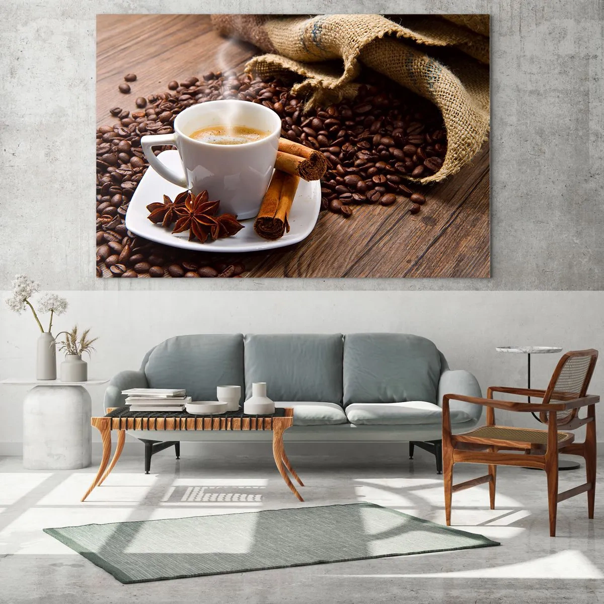 Quadro su vetro - Una tazza di caffè con cannella e chicchi di caffè su un tavolo di legno - 120x80cm - Sapore e profumo speziato - Decorazione murale moderna per soggiorno e camera da letto ARTTOR