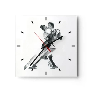 Orologio da parete - Orologio in Vetro - Una delicata illustrazione di una coppia che balla in stile monocromatico. - 30x30cm - In un unico ritmo - Decorazione murale moderna per soggiorno e camera da letto ARTTOR
