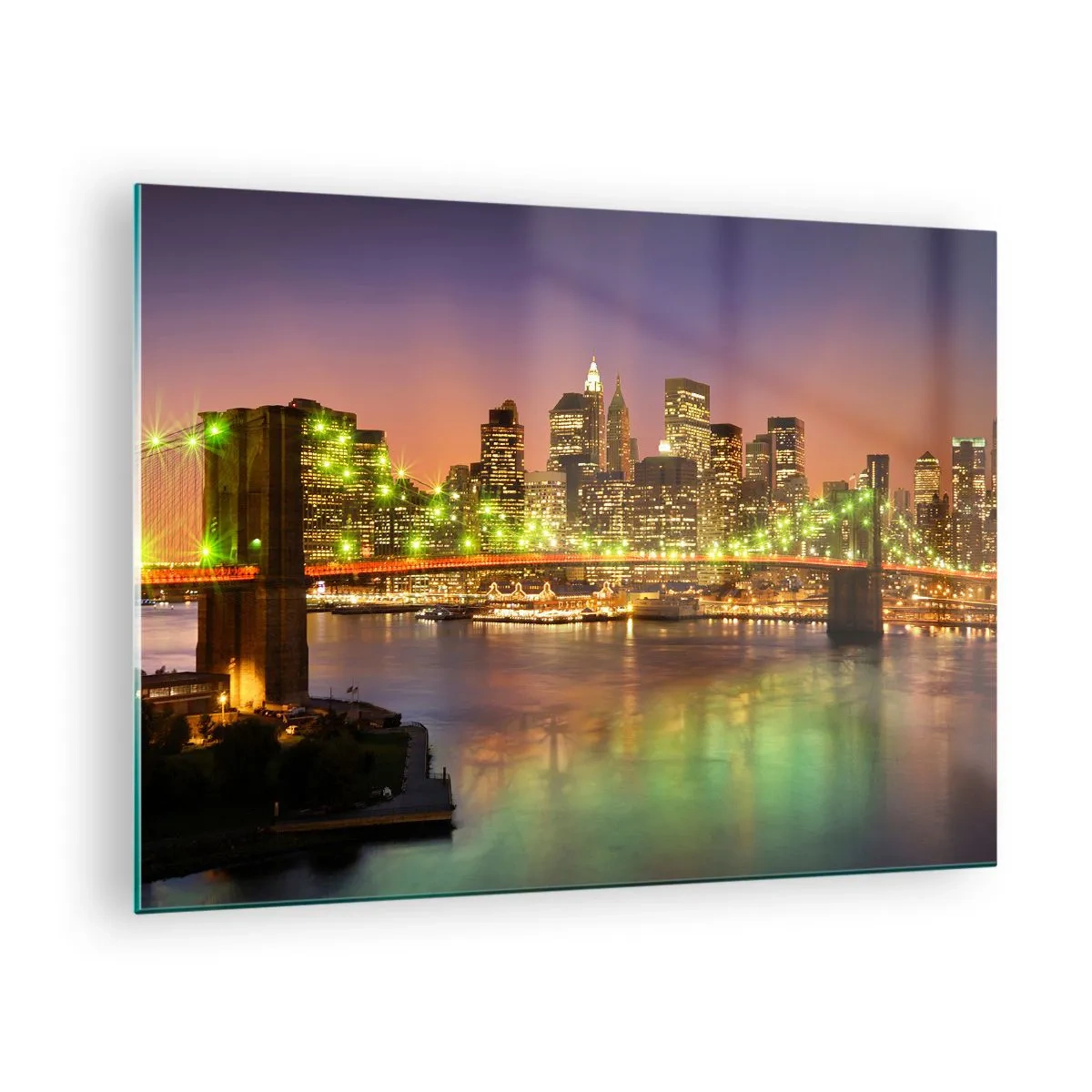 Quadro su vetro - Ponte illuminato sul fiume con vista panoramica della città al tramonto - 70x50cm - Qui la luce non si spegne mai - Decorazione murale moderna per soggiorno e camera da letto ARTTOR