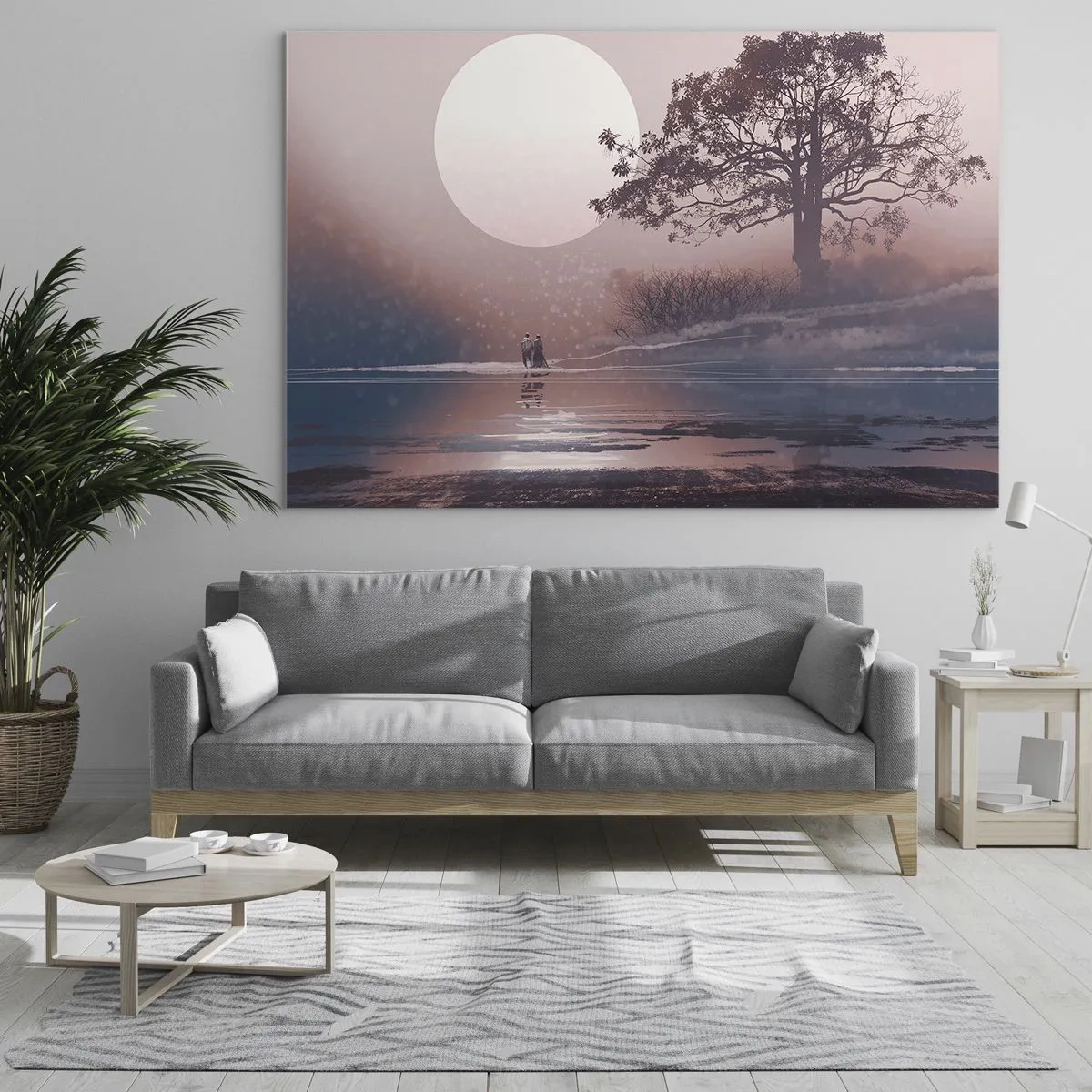 Quadro su vetro - Un paesaggio magico con un albero, una luna e delle figure - 70x50cm - Meraviglie della notte - Decorazione murale moderna per soggiorno e camera da letto ARTTOR